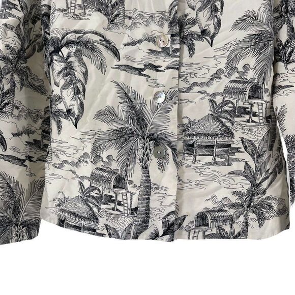 Maggy L Silk Button Front Shell Jacket White Black Tiki Hut Palm Island Size 4 - Picture 4 of 6